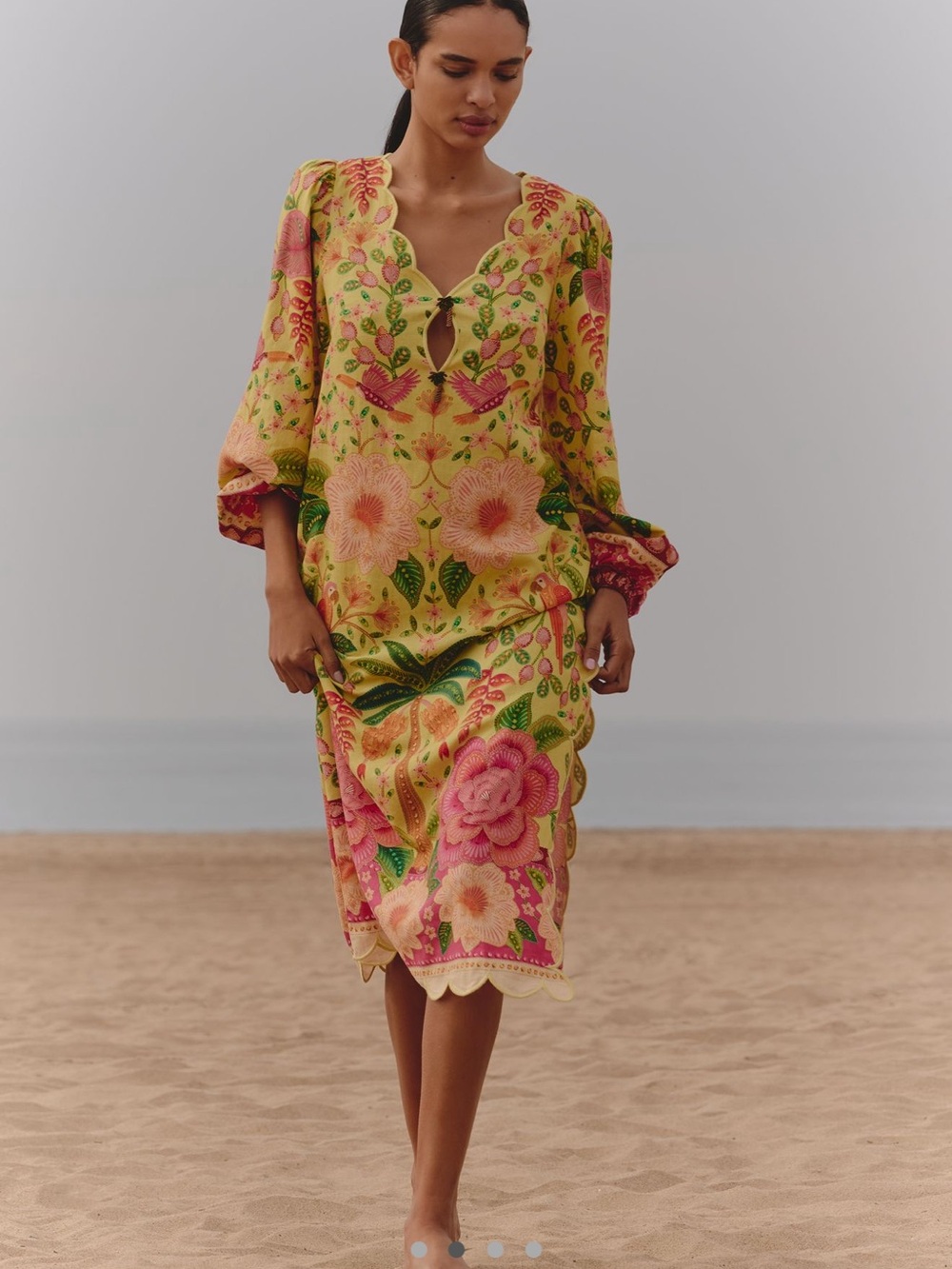 Anthropologie Yellow Floral Midi Dress with Pink and Green Accents